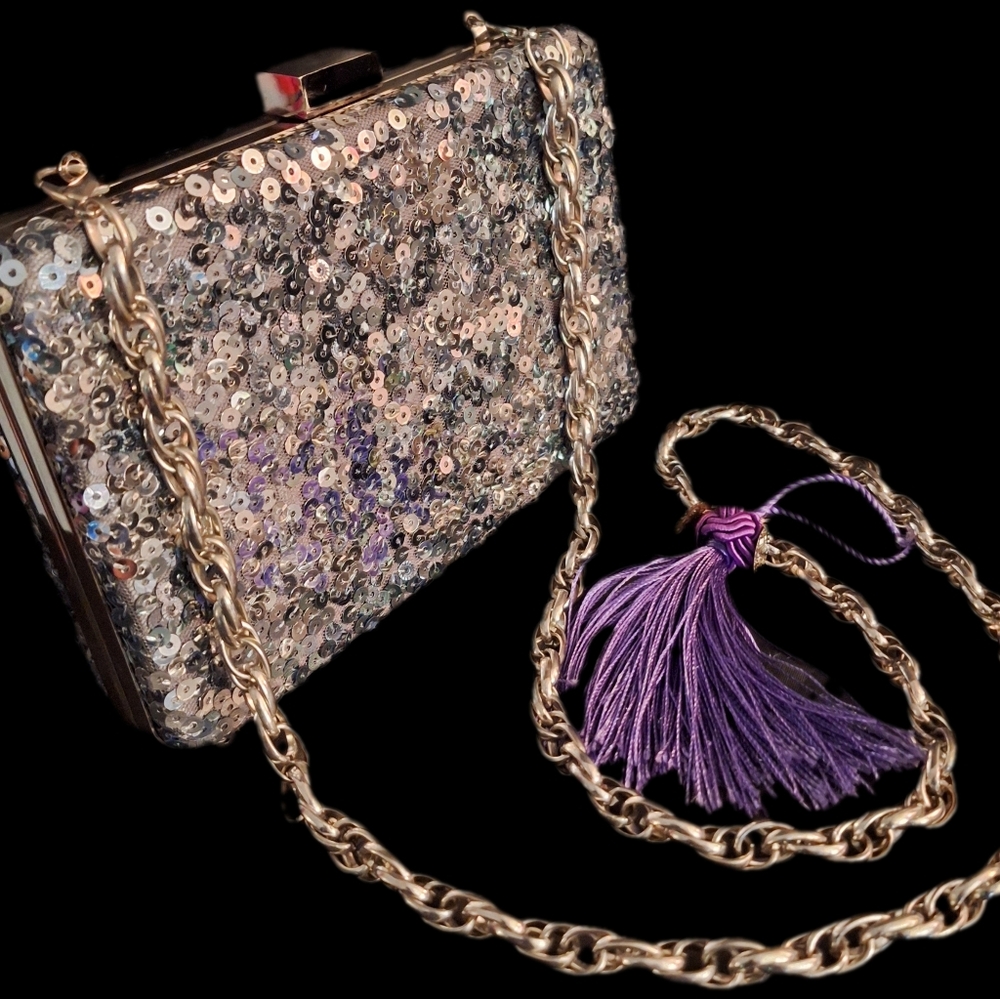 White House Black Market Gunmetal Ombre Sequin Evening Clutch Crossbody Chain